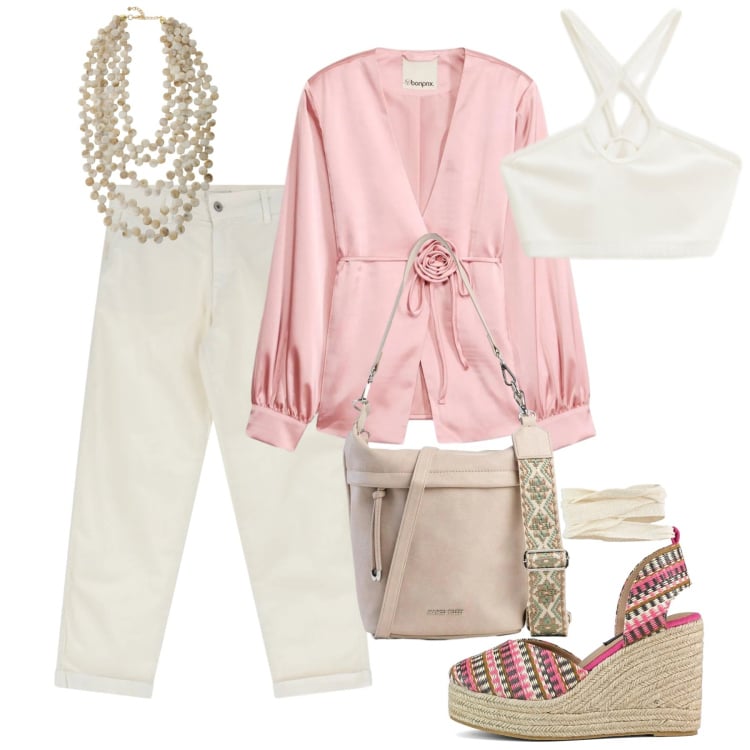 Outfit donna - Pink. Stile Casual chic per Tutti i giorni. Abbinamento con borse a tracolla, blazer, top, collane, jeans, zeppe.