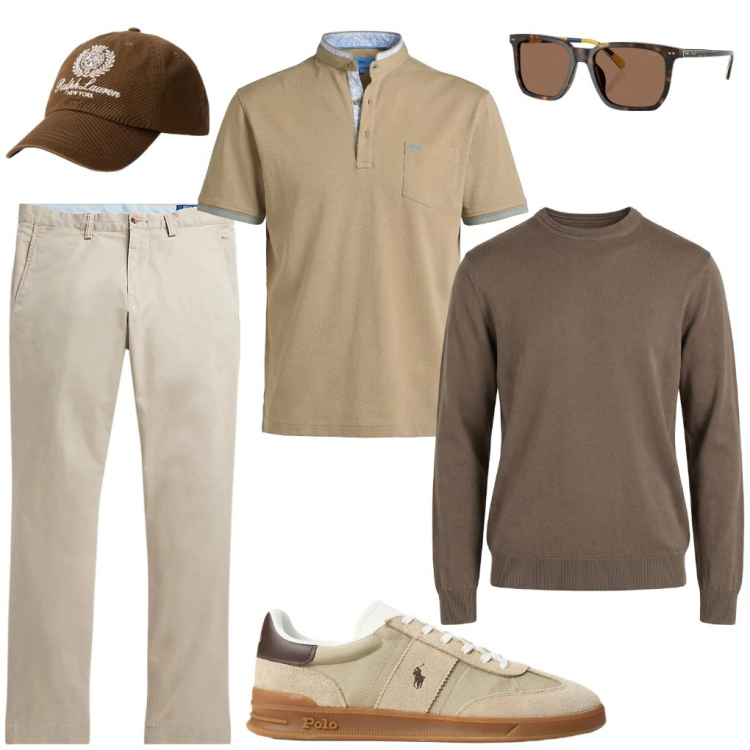 Outfit uomo - 85. Ti porterò sul lago. Stile Casual per Tutti i giorni. Abbinamento con polo, maglieria, pantaloni, cappelli, sneakers, occhiali da sole.