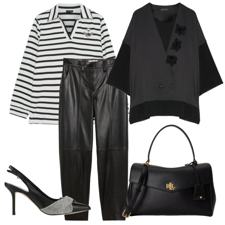 Outfit donna - In ufficio. Stile Chic per Ufficio. Abbinamento con décolleté, pantaloni, polo, blazer, borse a mano.