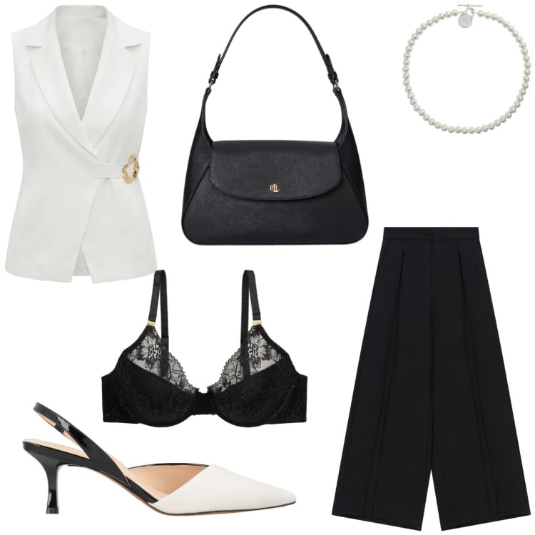 Outfit donna - Look comodo e confortevole. Stile Chic per Tutti i giorni. Abbinamento con décolleté, pantaloni a palazzo, gilet, collane, reggiseni, borse a spalla.