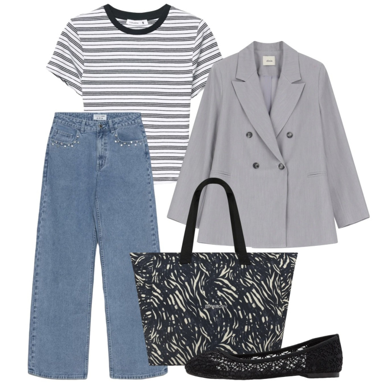 Outfit donna - In città. Stile Casual per Tutti i giorni. Abbinamento con ballerine, jeans, t-shirt, blazer, shopping bag.