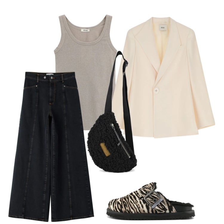 Outfit donna - Maggio. Stile Bon Ton per Tutti i giorni. Abbinamento con jeans, blazer, top, marsupi, sabot.