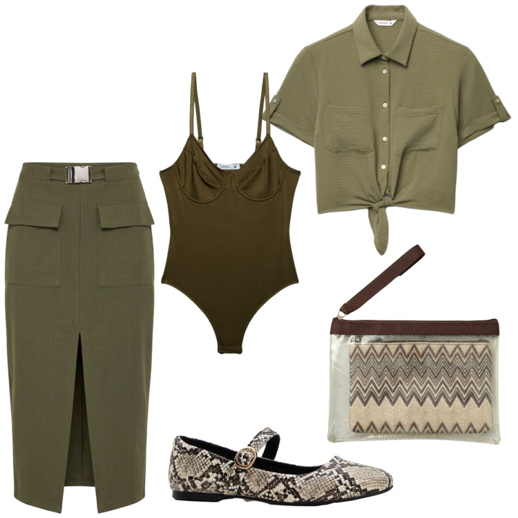 Outfit donna - Total look #2399306. Stile Etnico per Serata fuori. Abbinamento con ballerine, camicie a manica corta, pochette, gonne longuette, top.
