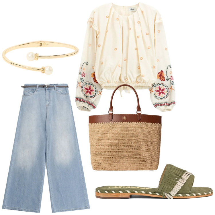 Outfit donna - Total look #2399312. Stile Etnico per Tutti i giorni. Abbinamento con jeans, bluse, borse tote, braccialetti, ciabatte.