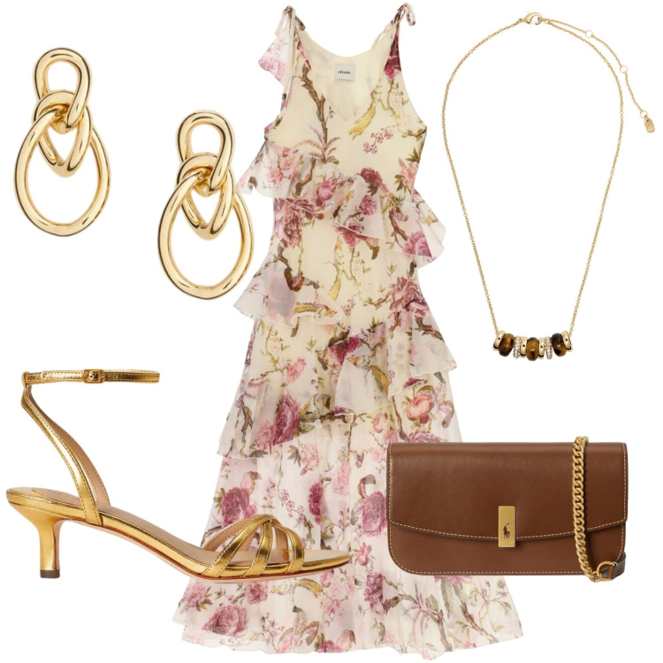 Outfit donna - Total look #2399313. Stile Romantica per Cerimonia. Abbinamento con vestiti lunghi, collane, clutch, orecchini, sandali in pelle.