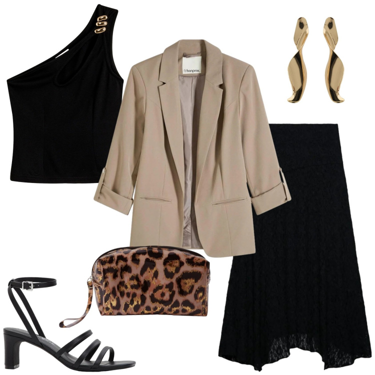 Outfit donna - Serata fuori in primavera. Stile Trendy per Serata fuori. Abbinamento con top, blazer, sandali col tacco, gonne lunghe, pochette, orecchini.