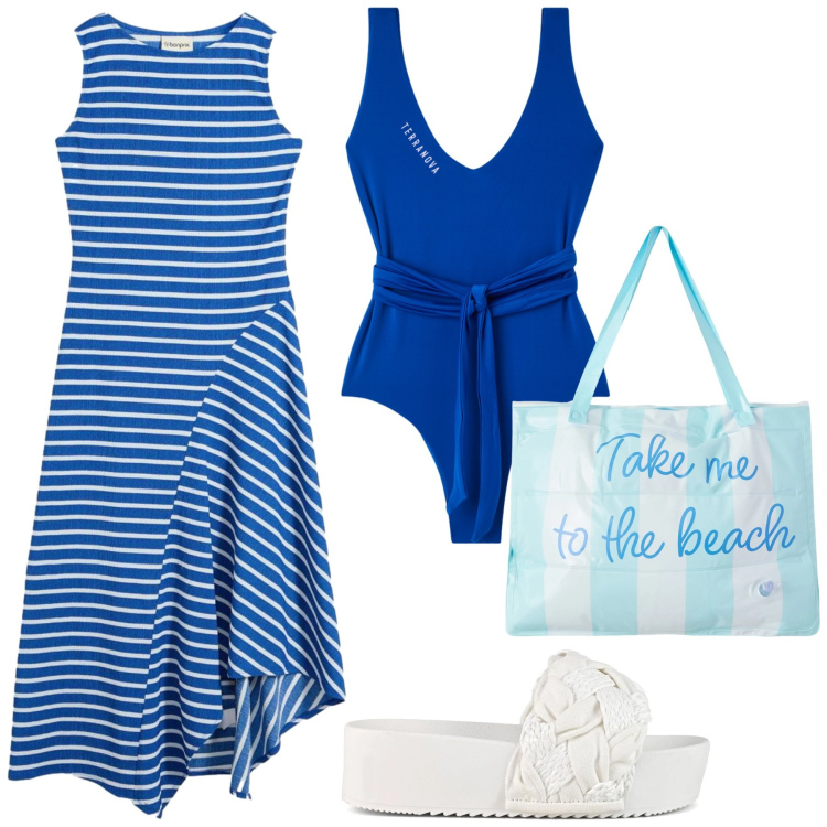 Outfit donna - Total look #2399316. Stile Basic per Mare. Abbinamento con vestiti lunghi, borse tote, costumi interi, ciabatte.
