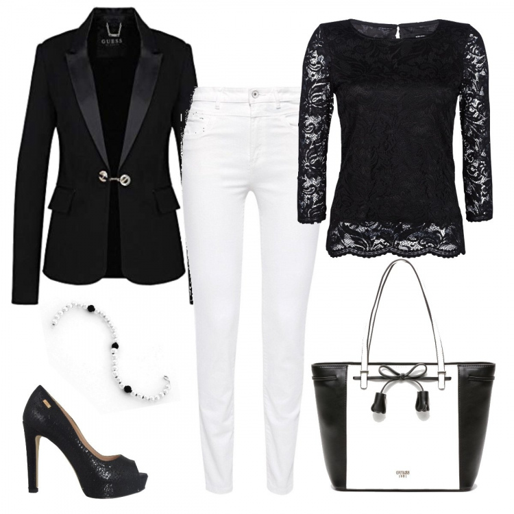 Outfit donna - B&W da ufficio. Stile Basic per Ufficio. Abbinamento con camicetta nero, borsa a mano con fiocco e zip bianco e nero, décolleté open toe nero, blazer, pantalone bianco, bracciale in sterling 925 argento.