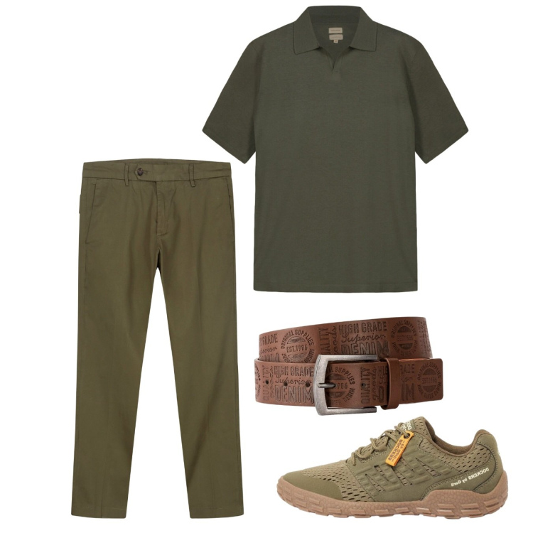 Outfit uomo - Maggio. Stile Casual per Tutti i giorni. Abbinamento con cinture, sneakers, pantaloni chino, polo.