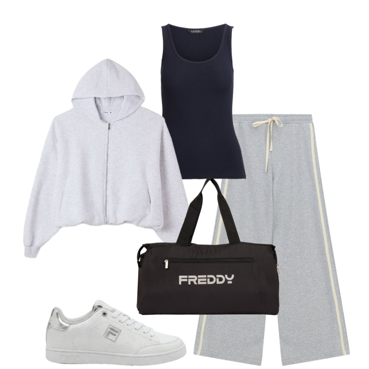Outfit donna - Total look #2399323. Stile Sporty chic per Sport. Abbinamento con sneakers, felpe con cappuccio, pantaloni a palazzo, borse sportive, canottiere.
