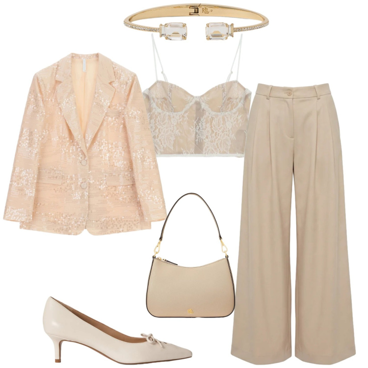 Outfit donna - Total look #2399326. Stile Glamour per Cerimonia. Abbinamento con pantaloni, blazer, canottiere, borse a spalla, braccialetti, décolleté.