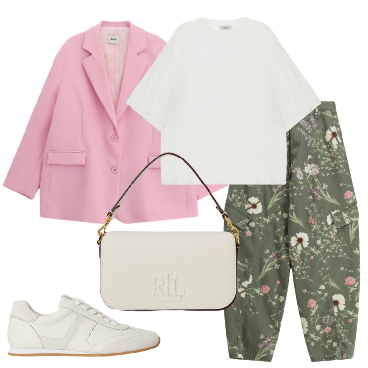 Outfit donna - Università. Stile Casual per Scuola/Università. Abbinamento con pantaloni cargo, t-shirt, blazer, borse a spalla, sneakers.