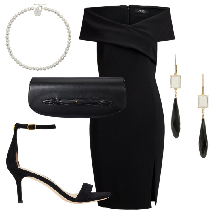 Outfit donna - Total look #2399328. Stile Chic per Serata fuori. Abbinamento con collane, clutch, orecchini, sandali in pelle, vestiti.