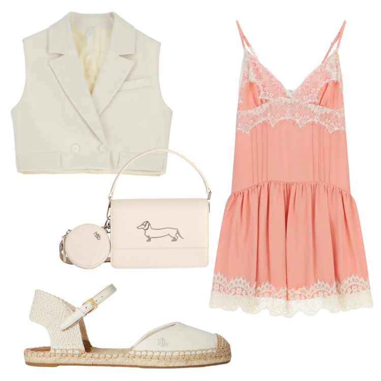 Outfit donna - Aperitivo con le amiche. Stile Glamour per Serata fuori. Abbinamento con borse a tracolla, gilet, vestiti corti, espadrillas.