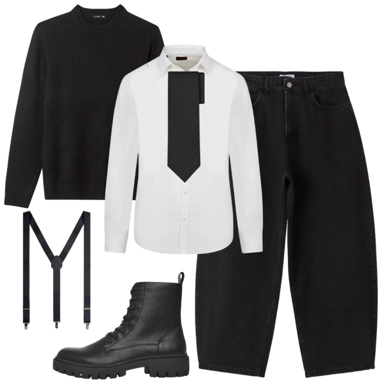Outfit uomo - 89. Eleganza dark. Stile Trendy per Cerimonia. Abbinamento con jeans, pullovers, anfibi, camicie, bretelle, cravatte.