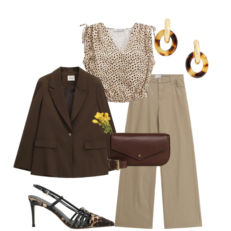 Outfit donna - Total look #2399332. Stile Glamour per Serata fuori. Abbinamento con décolleté, pantaloni, top, blazer, borse a tracolla, orecchini.