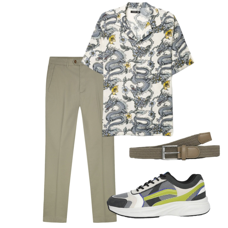 Outfit uomo - Fine settimana. Stile Casual per Tutti i giorni. Abbinamento con cinture, sneakers, camicie a manica corta, pantaloni.