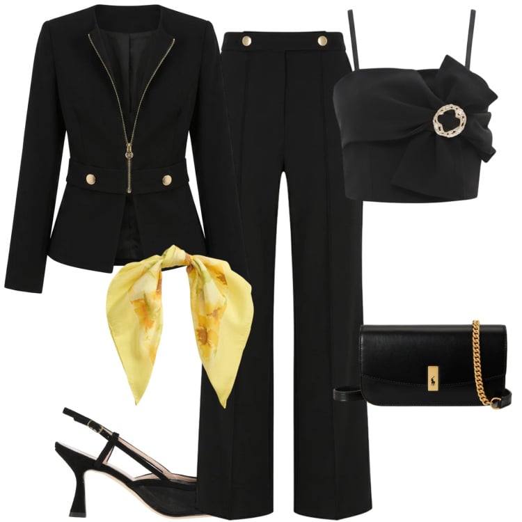 Outfit donna - Chic evento serata speciale. Stile Chic per Serata fuori. Abbinamento con décolleté, pantaloni, top, blazer, clutch, foulard.