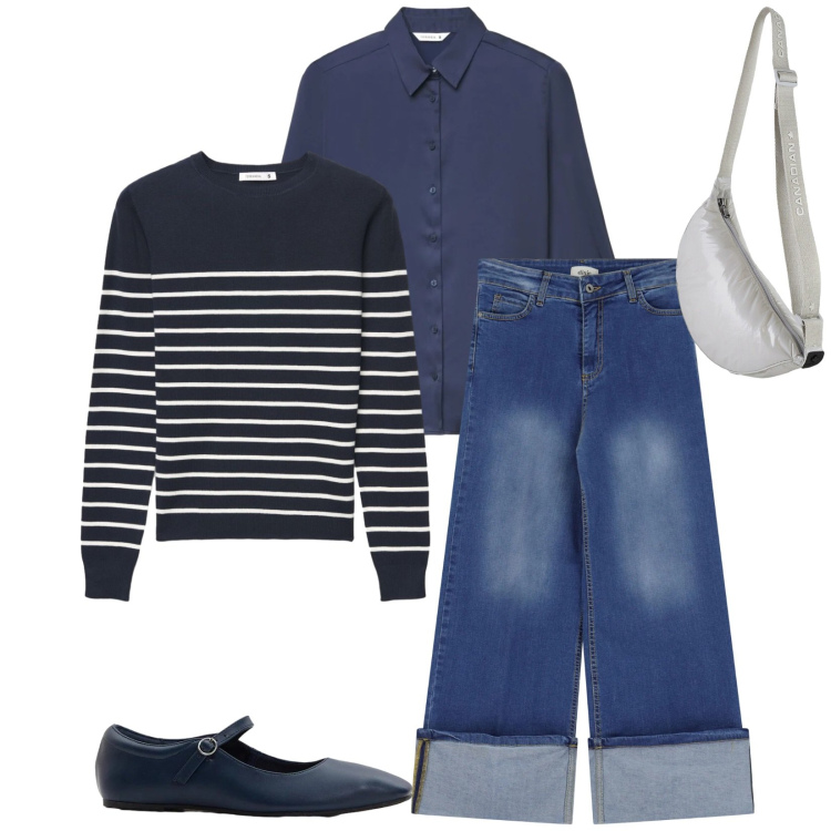 Outfit donna - Total look #2399338. Stile Casual chic per Tutti i giorni. Abbinamento con ballerine, maglieria, camicie, jeans dritti, borse a tracolla.