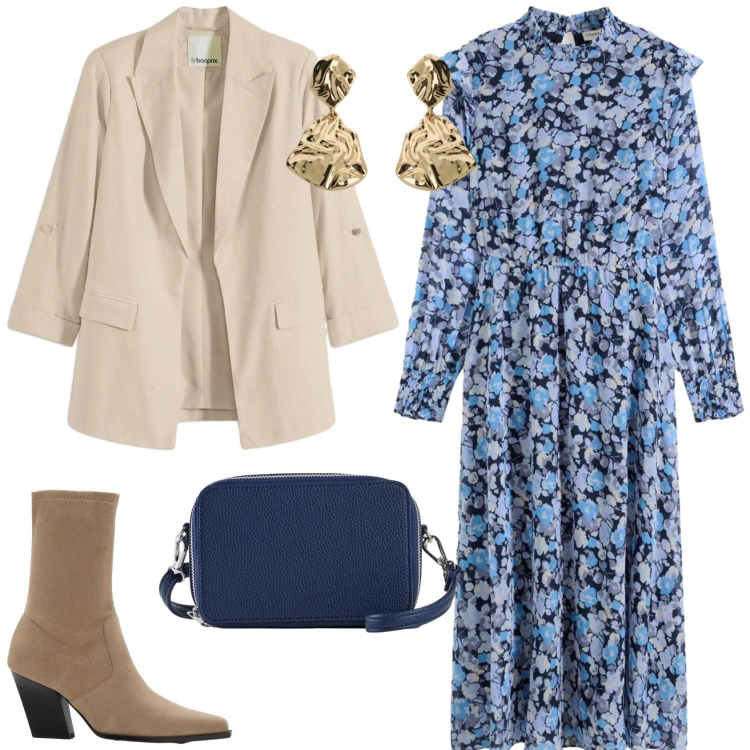 Outfit donna - Un outfit in maggio. Stile Romantica per Tutti i giorni. Abbinamento con vestiti midi/longuette, stivaletti, blazer, borse a tracolla, orecchini.