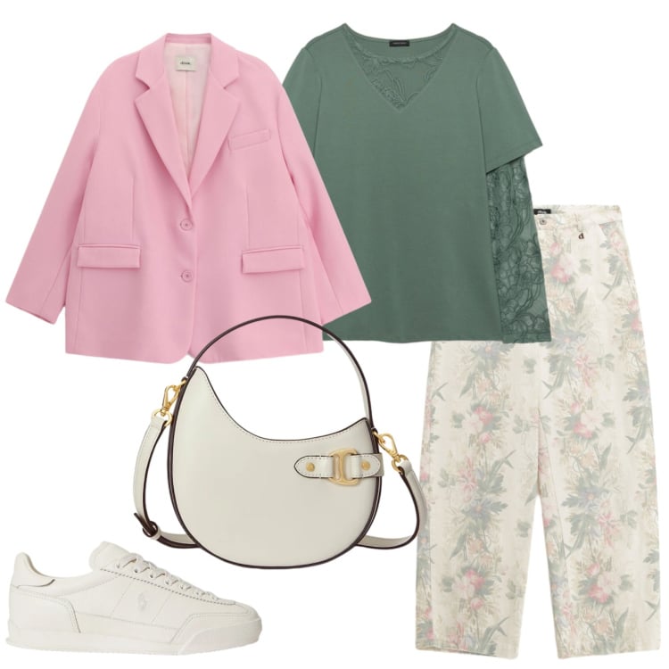 Outfit donna - Università. Stile Casual chic per Scuola/Università. Abbinamento con pantaloni a palazzo, blazer, t-shirt, borse a tracolla, sneakers.