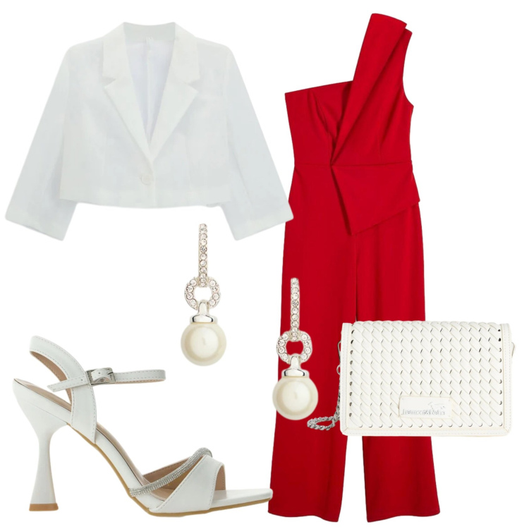 Outfit donna - Total look #2399346. Stile Chic per Cerimonia. Abbinamento con tute, borse a tracolla, blazer, sandali gioiello, orecchini.