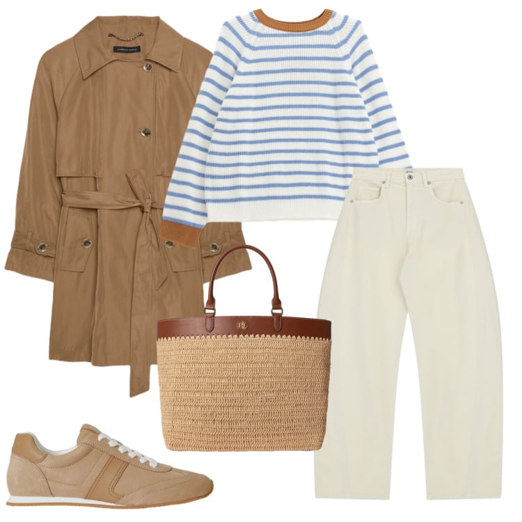 Outfit donna - Università. Stile Casual per Scuola/Università. Abbinamento con maglieria, pantaloni a palazzo, trench, borse tote, sneakers.
