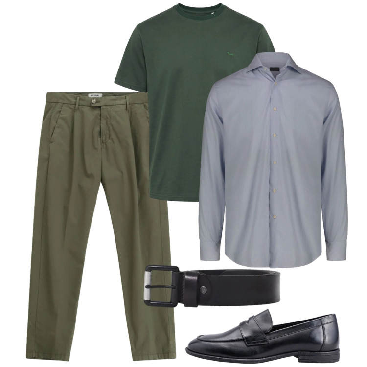 Outfit uomo - Maggio. Stile Casual per Serata speciale. Abbinamento con cinture, pantaloni, t-shirt, camicie, scarpe stringate.