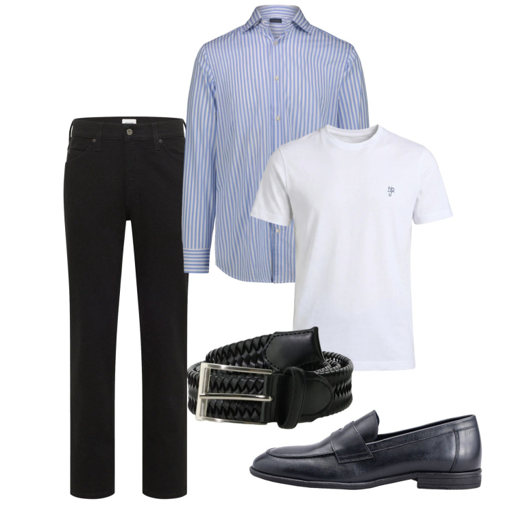 Outfit uomo - Maggio. Stile Casual per Serata speciale. Abbinamento con jeans dritti, cinture, t-shirt, camicie, scarpe stringate.