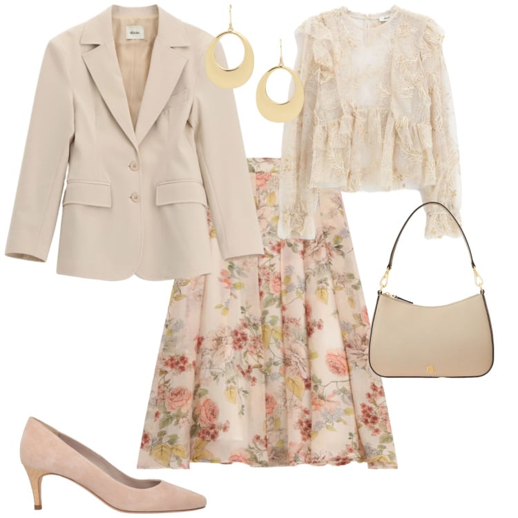 Outfit donna - Romantica chic ogni giorno. Stile Romantica per Tutti i giorni. Abbinamento con décolleté, blazer, gonne lunghe, bluse, borse a spalla, orecchini.