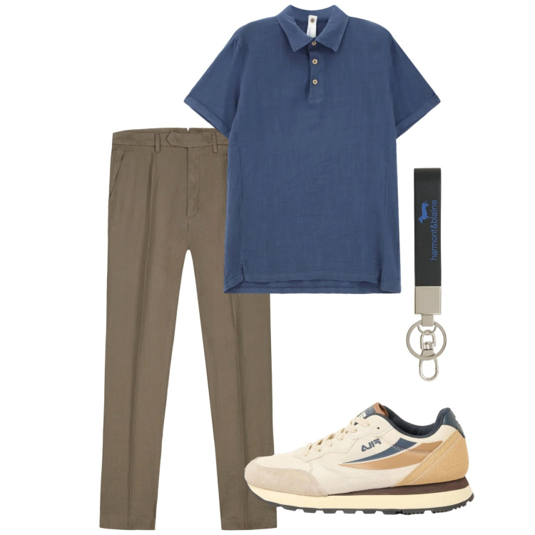 Outfit uomo - Pomeriggio in polo. Stile Casual per Tutti i giorni. Abbinamento con sneakers, polo, portachiavi, pantaloni.