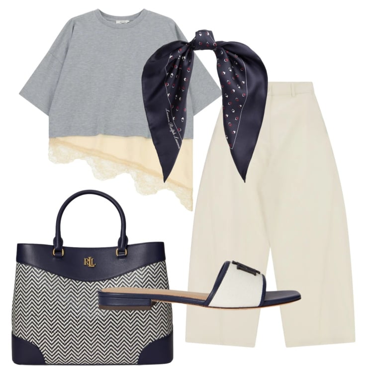Outfit donna - Total look #2399361. Stile Casual chic per Ufficio. Abbinamento con jeans, t-shirt, foulard, ciabatte, borse a mano.