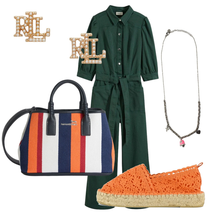 Outfit donna - Total look #2399362. Stile Casual per Tutti i giorni. Abbinamento con tute, shopping bag, ciondoli, orecchini, espadrillas.