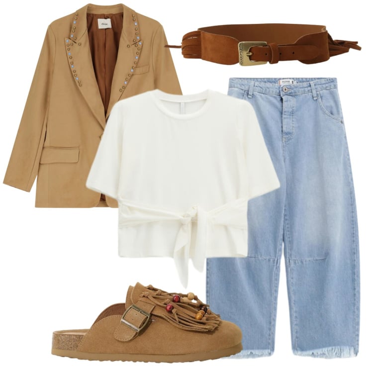 Outfit donna - Total look #2399365. Stile Casual per Tutti i giorni. Abbinamento con jeans, t-shirt, sabot, blazer, cinture.
