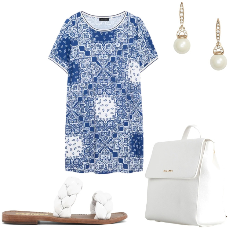 Outfit donna - Vestito in jersey. Stile Glamour per Tutti i giorni. Abbinamento con zaini, vestiti corti, orecchini, ciabatte.