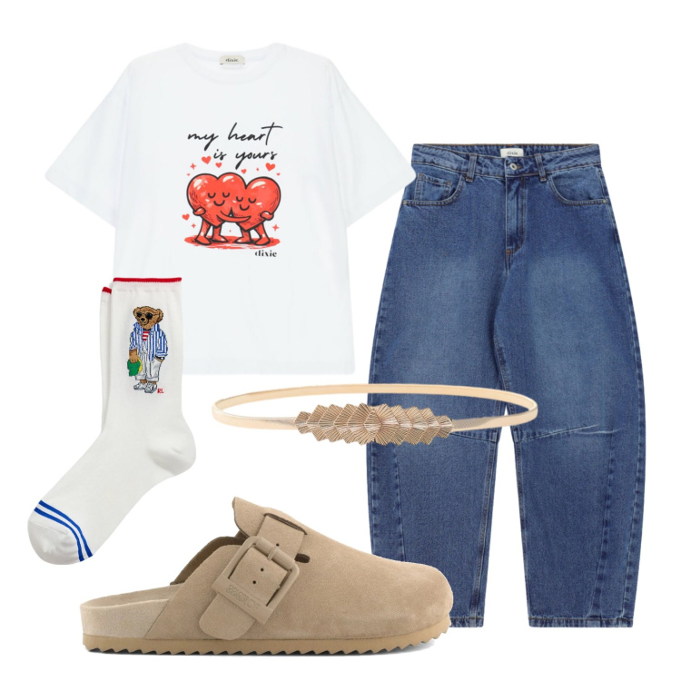 Outfit donna - Total look #2399367. Stile Urban per Tutti i giorni. Abbinamento con jeans, t-shirt, cinture, calzini, sabot.