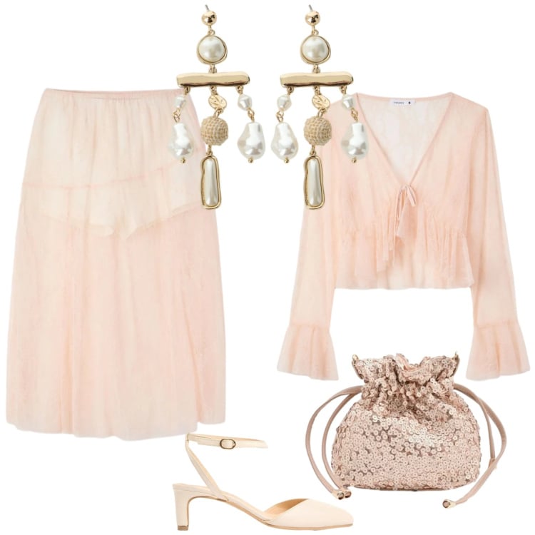 Outfit donna - Total look #2399369. Stile Chic per Cerimonia. Abbinamento con décolleté, gonne longuette, bluse, pochette, orecchini.