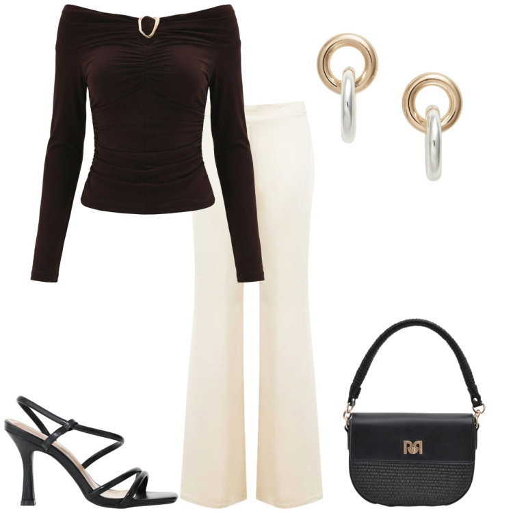 Outfit donna - Look da aperitivo primaverile. Stile Casual chic per Serata fuori. Abbinamento con sandali col tacco, borse a spalla, pantaloni a palazzo, bluse, orecchini.