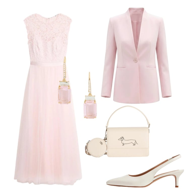 Outfit donna - Maggio in rosa. Stile Chic per Cerimonia. Abbinamento con vestiti, borse a tracolla, blazer, décolleté, orecchini.