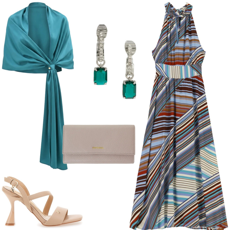 Outfit donna - L\'abito e gli accessori. Stile Glamour per Cerimonia. Abbinamento con portafogli, stole, vestiti lunghi, orecchini, sandali col tacco.