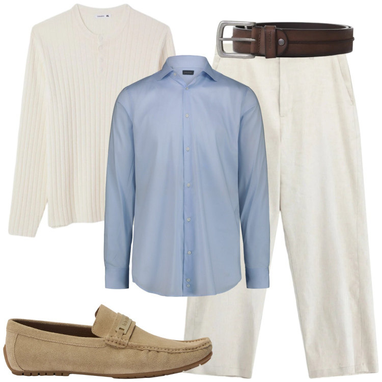 Outfit uomo - Serata primaverile. Stile Casual per Serata speciale. Abbinamento con maglieria, cinture, pantaloni, scarpe stringate, camicie.