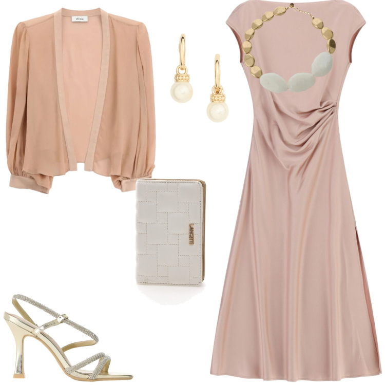 Outfit donna - L\'abito e i dettagli. Stile Glamour per Cerimonia. Abbinamento con sandali col tacco, vestiti midi/longuette, collane, blazer, orecchini, portafogli.