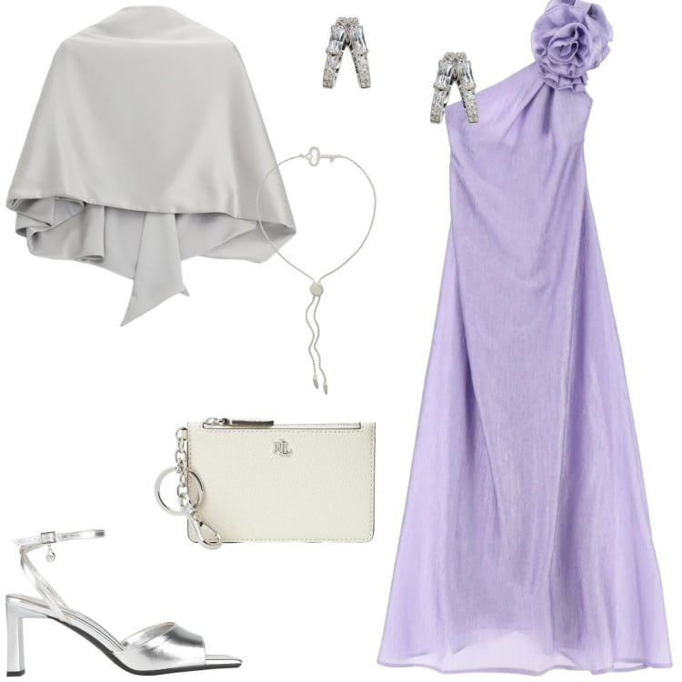 Outfit donna - Un look da cerimonia. Stile Glamour per Cerimonia. Abbinamento con sandali col tacco, vestiti lunghi, scialli, portafogli, braccialetti, orecchini.