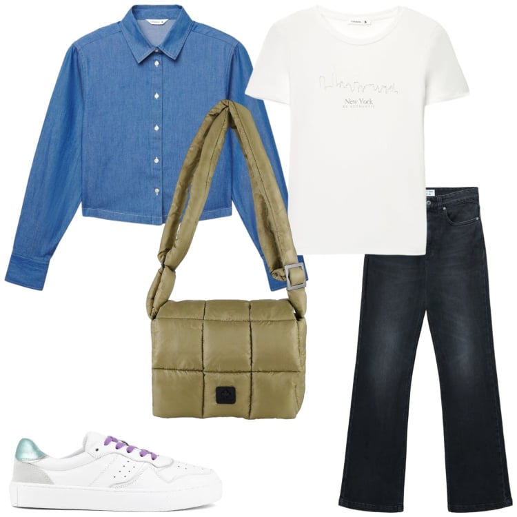 Outfit donna - Casual in primavera. Stile Casual per Tutti i giorni. Abbinamento con t-shirt, jeans bootcut, camicie, borse a spalla, sneakers.