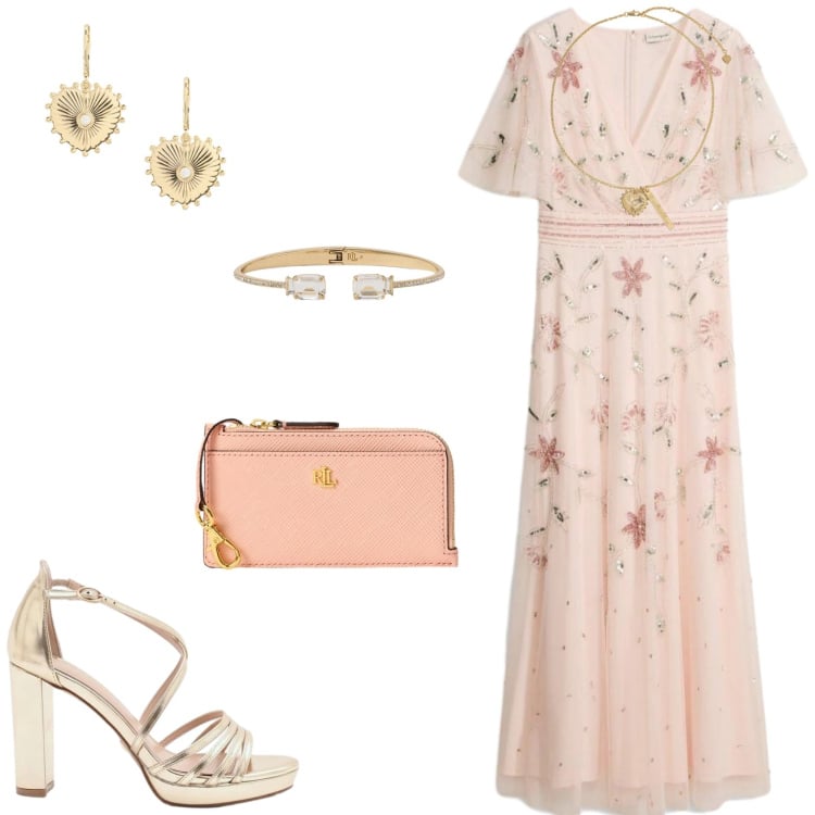 Outfit donna - L\'abito da sera. Stile Glamour per Cerimonia. Abbinamento con vestiti lunghi, sandali col tacco, braccialetti, orecchini, ciondoli, portafogli.