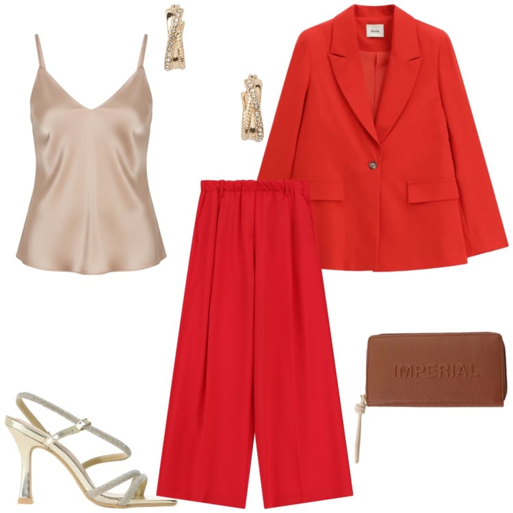 Outfit donna - Un completo da sera. Stile Glamour per Cerimonia. Abbinamento con pantaloni a palazzo, portafogli, sandali col tacco, top, blazer, orecchini.