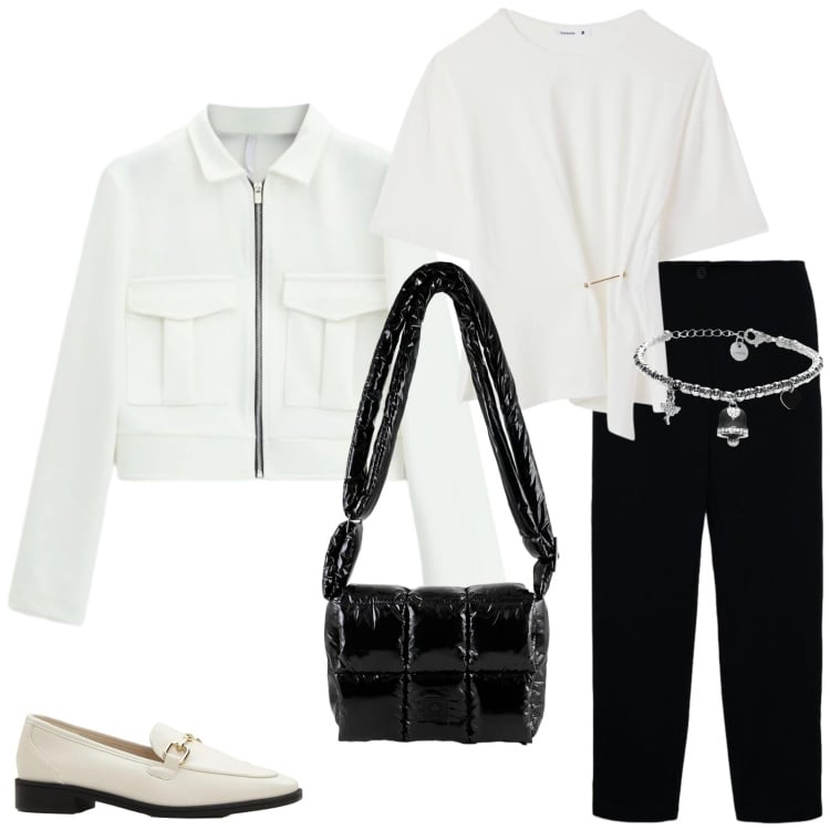 Outfit donna - Preppy vibes. Stile Preppy per Scuola/Università. Abbinamento con mocassini, pantaloni chino, t-shirt, cappotti, borse a spalla, braccialetti.