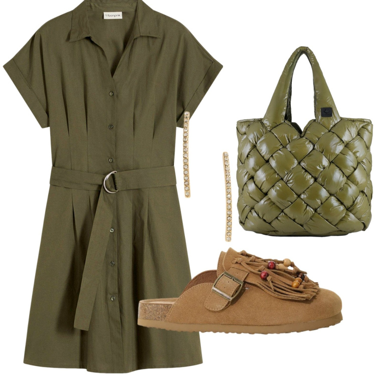 Outfit donna - Silhouette fluide e leggere. Stile Casual per Tutti i giorni. Abbinamento con vestiti, sabot, borse tote, orecchini.