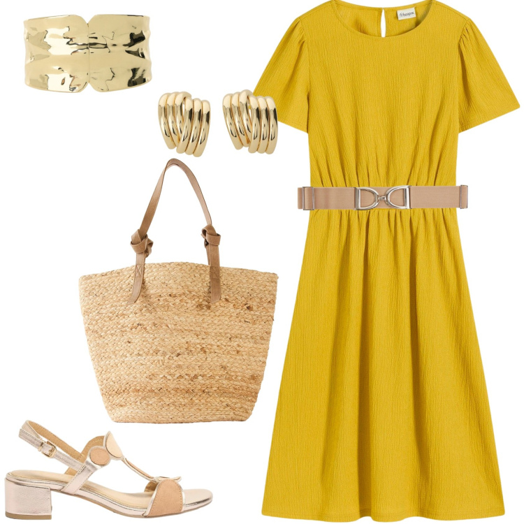 Outfit donna - Il giallo in primavera. Stile Chic per Tutti i giorni. Abbinamento con vestiti, shopping bag, sandali col tacco, cinture, braccialetti, orecchini.