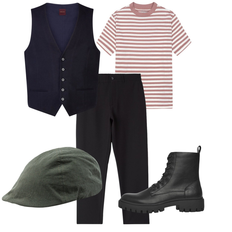 Outfit uomo - Total look #2399412. Stile Urban per Tutti i giorni. Abbinamento con pantaloni chino, anfibi, cappelli con visiera, t-shirt, gilet.